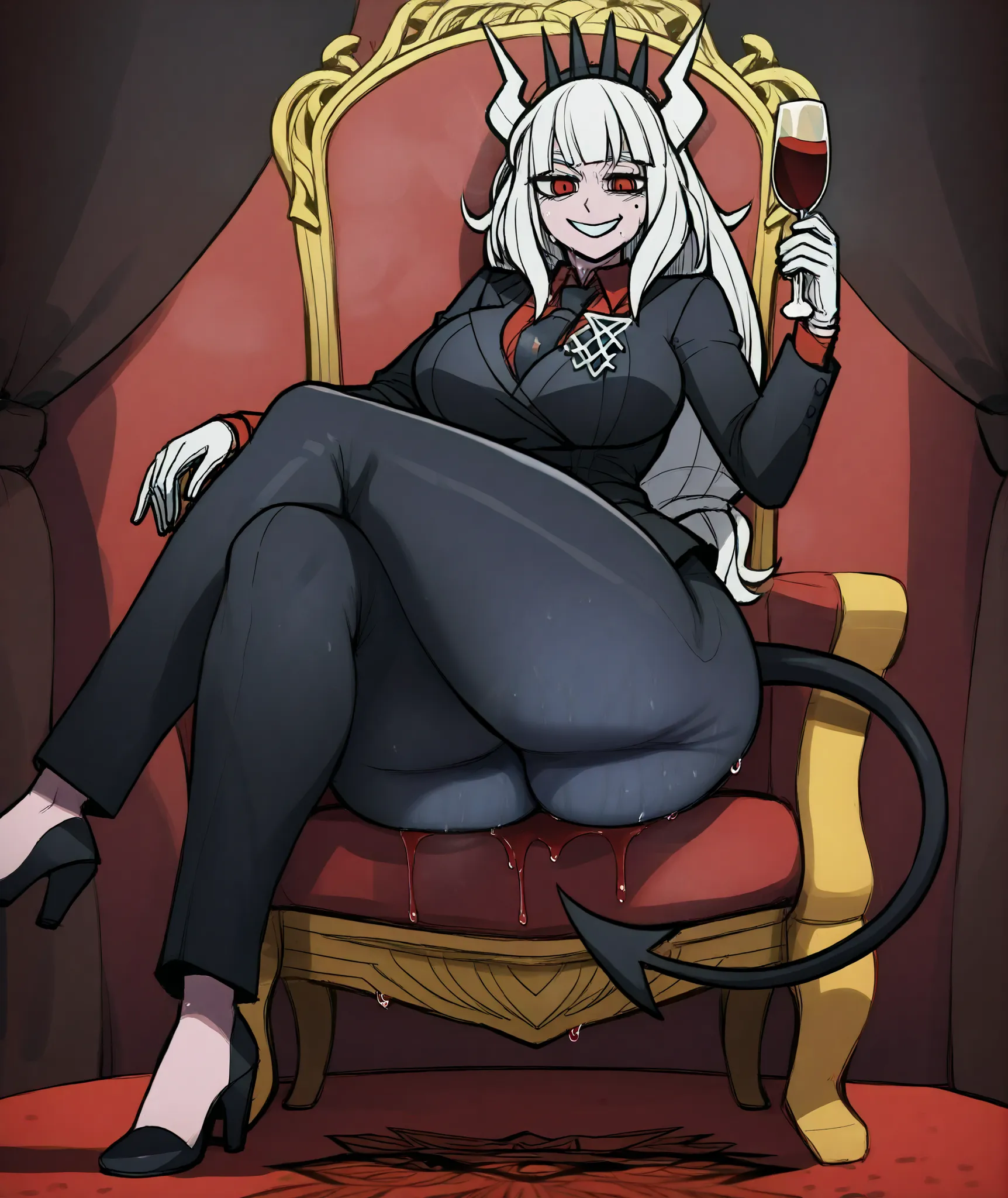 Lucifer (Helltaker), a short, pale demon girl with red irises, a black arrow-tipped tail, and silvery-white hair. She wears her long hair tied at the ends, with bangs held in place by a spiked black tiara. Her horns are white and jagged, indicating her adv...