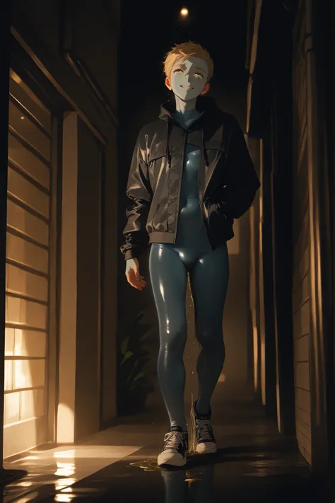 1boy in standing pose, great editing, boy in skintight jeans stands alone on a deserted street. His eyes are empty, and a chilling smile plays on his lips. As the rain pours down, he starts wetting himself, the water mixing with an unsettling laughter that...