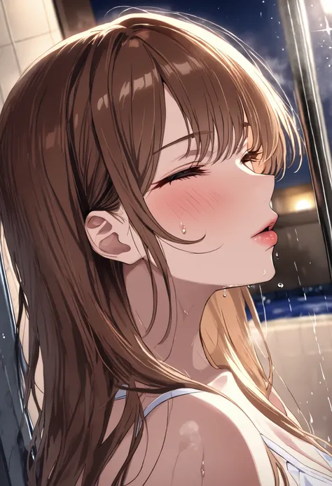 (( top quality)), (( masterpiece )), ( details), ( 1 anime girl ),  Sexy, ( medium brown hair), Bust 9  ５big 、young woman, night pool, ( Sexyな水着の女性), (woman kisses a man in the shower)
