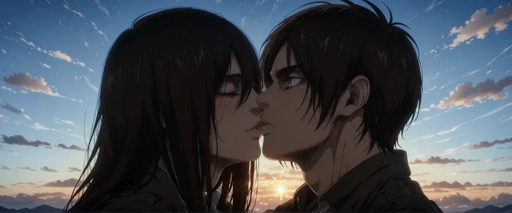Mikasa Ackerman x Eren Yeager Kiss, Long hair, sky background.