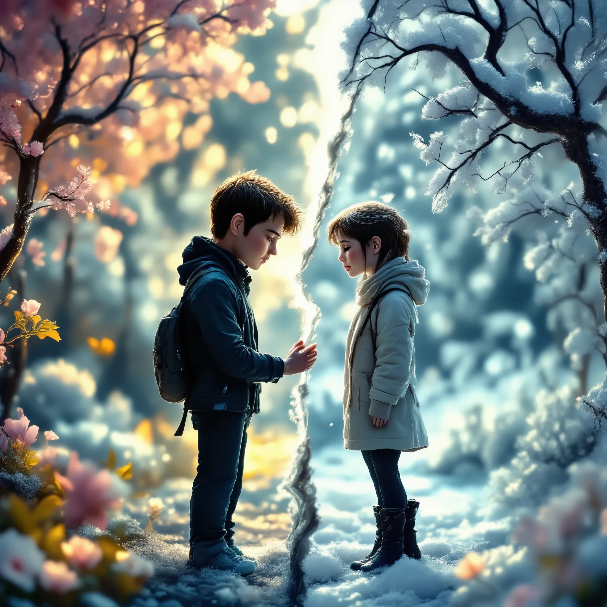 A dramatic and emotional scene of two miniature lovers, each standing in their own seasonal world. One is surrounded by a vibrant, blooming spring garden — soft petals, delicate pink trees, and a warm breeze; the other stands in a frozen winter landscape —...