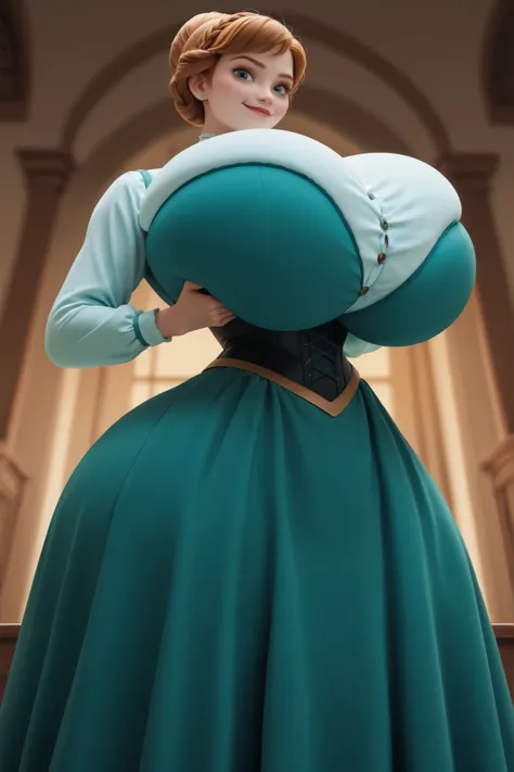 Disney Princess Anna with gigantic breasts, ((((((gigantic breasts)))))), (breast squeeze), (((gigantic butt))), AnnaXLP,green dress, long skirt, corset, hair bun, necklace, narrow waist, wide hips, thick thighs, looking at viewer, smirk, bedroom backgroun...