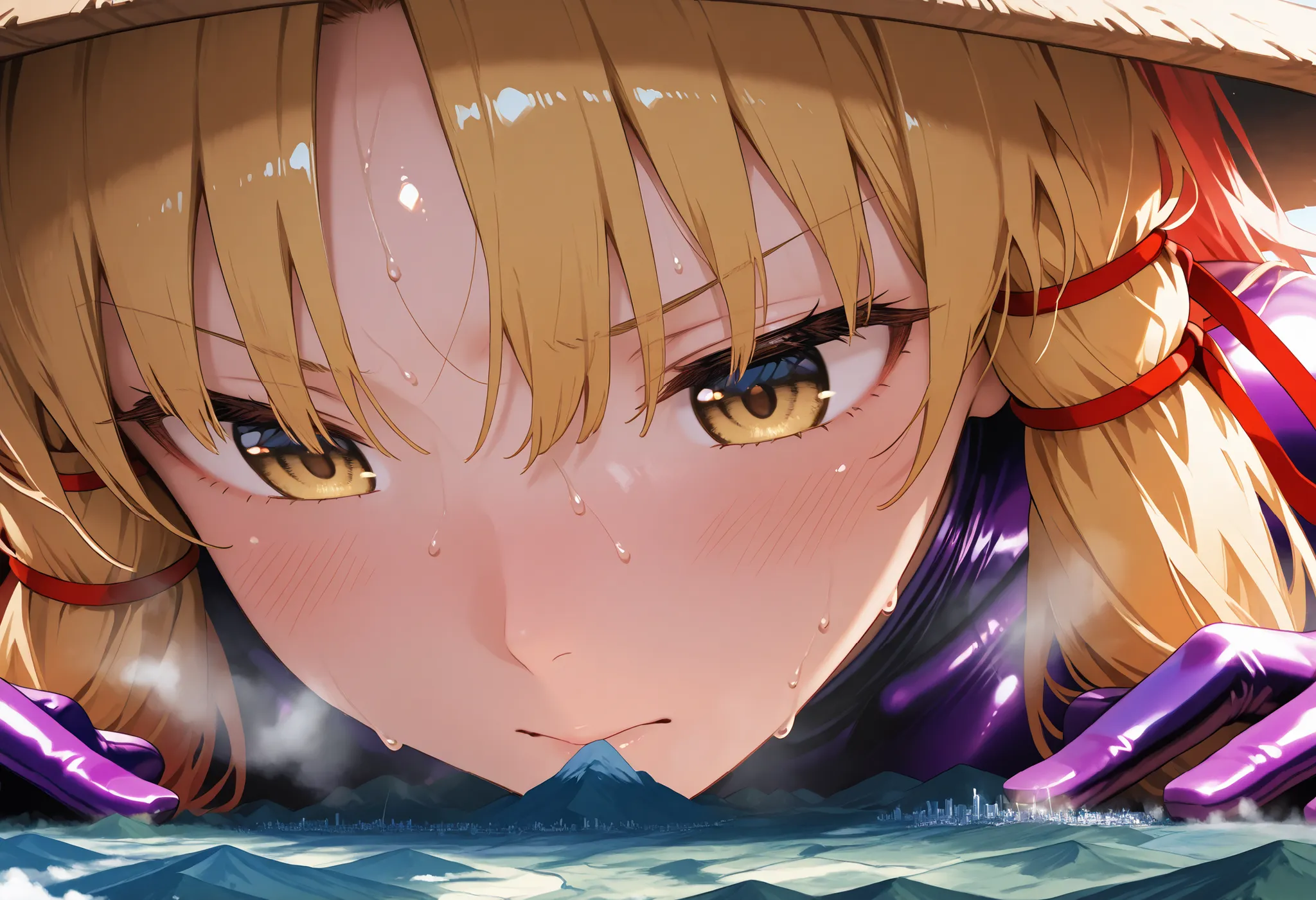 
1girl, Touhou, Moriya Suwako, (purple latex suit), The clothes fit perfectly, Glossiness, shiny, sweat, steamy, yellow hair, yellow eyes, sidelocks, red hair ribbon, straw hat,  (purple latex bodysuit), sweat, steamy, glossy skin , shiny skin , glistening...