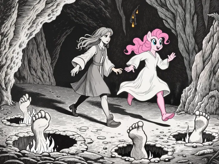 monochrome, Gustave Doré style, woodcut, Masterpiece, best quality, amazing quality, absurdres, flat angle, from side, (2characters), walking in a in a cavern, (Sunset Shimmer as Dante Alighieri\(human, girl, female, Walking)\), (human Pinkie Pie as VIrgil...