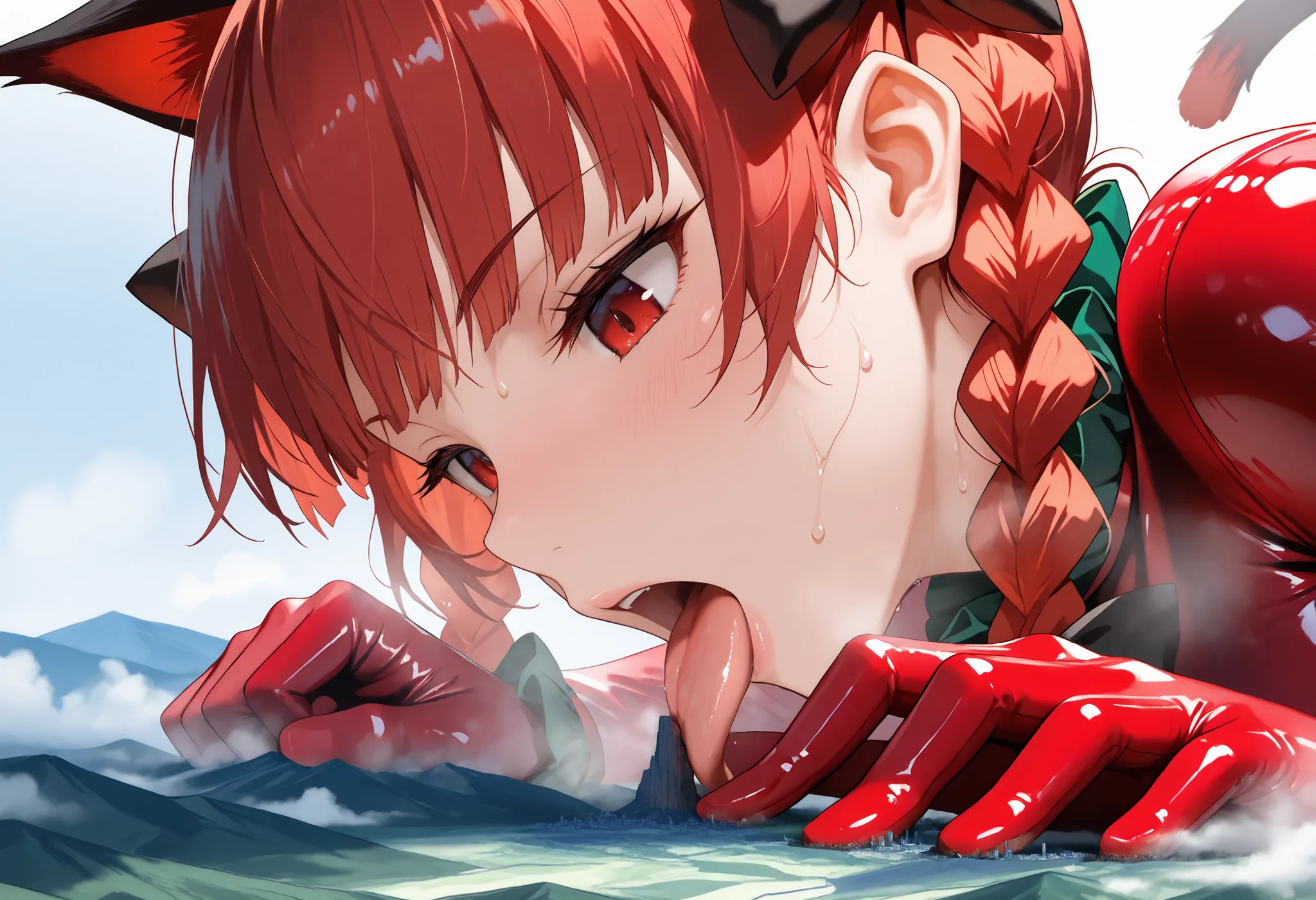 
(masterpiece, Highest quality, Ultra-high resolution), 1girl, Kaenbyou Rin, red eyes, red hair, twin braids, cat ears, cat tail, (red latex bodysuit),  The clothes fit perfectly, Glossiness, shiny, sweat, steamy, glossy skin , shiny skin , glistening skin...