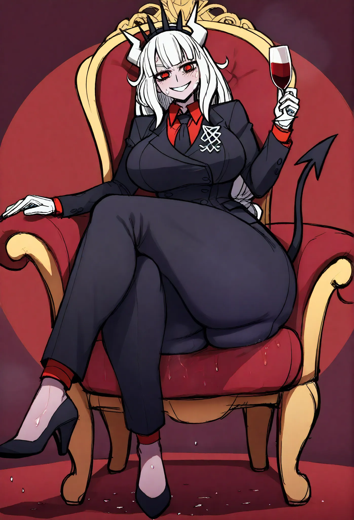 Lucifer (Helltaker), a short, pale demon girl with red irises, a black arrow-tipped tail, and silvery-white hair. She wears her long hair tied at the ends, with bangs held in place by a spiked black tiara. Her horns are white and jagged, indicating her adv...
