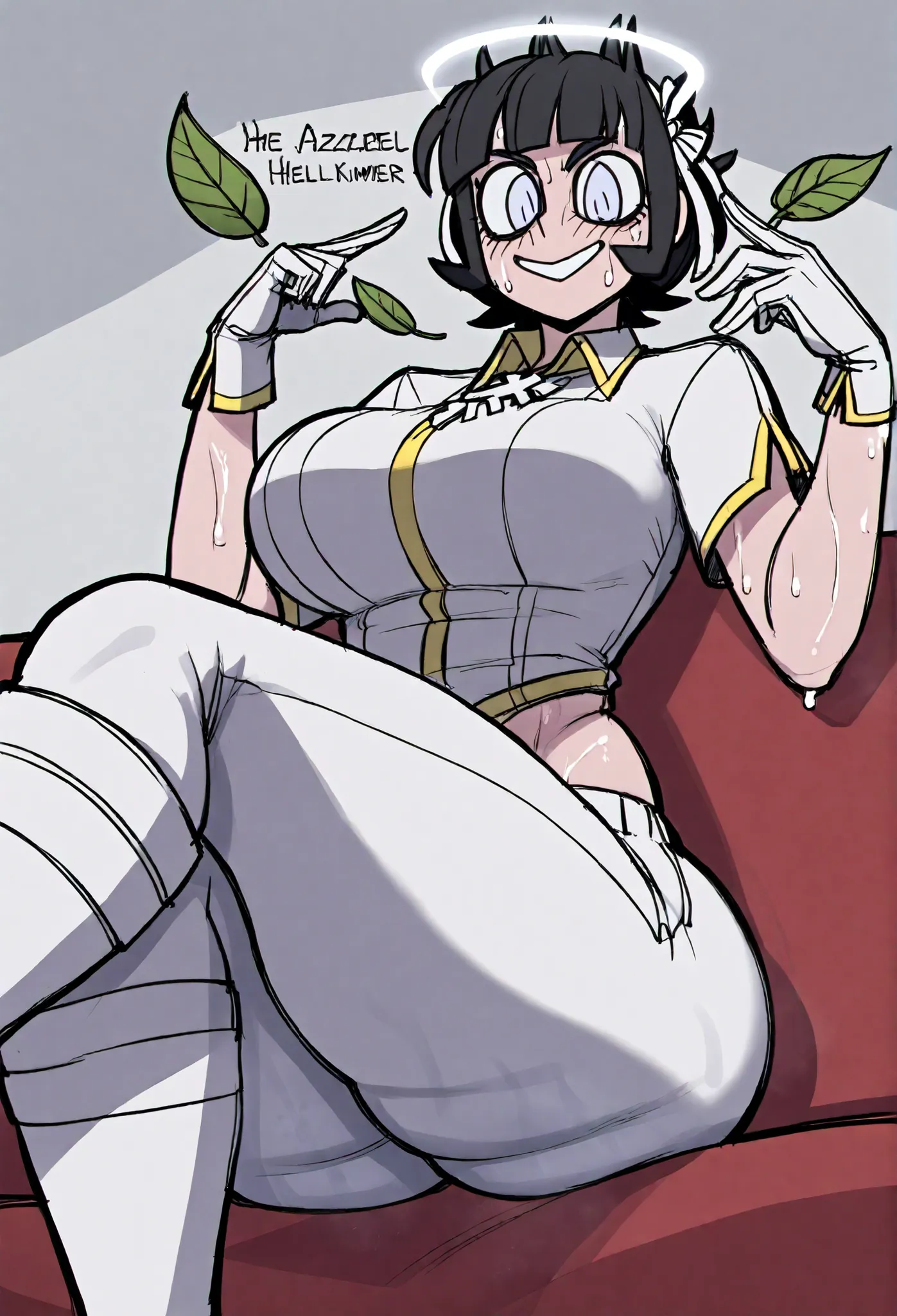 Azazel (Helltaker), wears a white, almost military-style uniform with yellow lining on the collar, sleeves, gloves, and midriff. He also wears a collar beneath the collar, which joins together to hold a square cross with leaves protruding from beneath. He ...