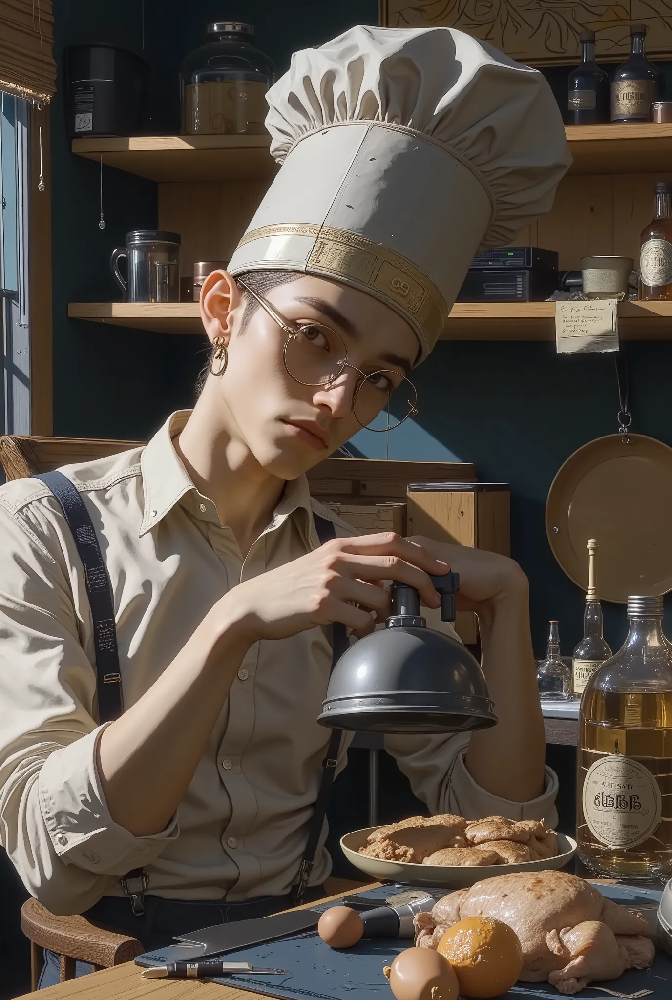 A handsomen, 19 years wearing a crazy cook hat stands in the kitchen. surreal collage, a contemporary artistic collage, collage artwork, New Album Jacket, great job!! , digital collage, (collage), collage art, contemporary collage, mixed media collage, sur...