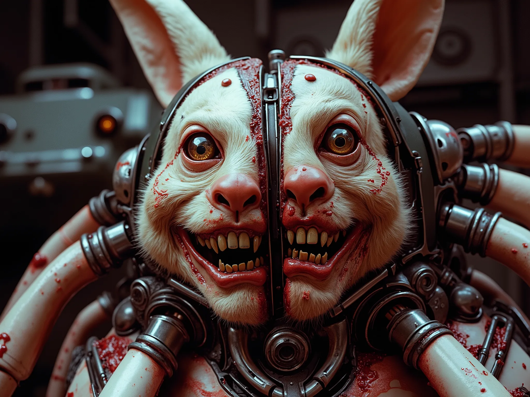 masterpiece, best quality, hyperdetailed, professional photography, cinematic film still from an 80s cult horror movie: A grotesque and terrifying fusion, a rabbit's smiling, joyful face and half-body are gruesomely merged side-by-side with a battle tank. ...