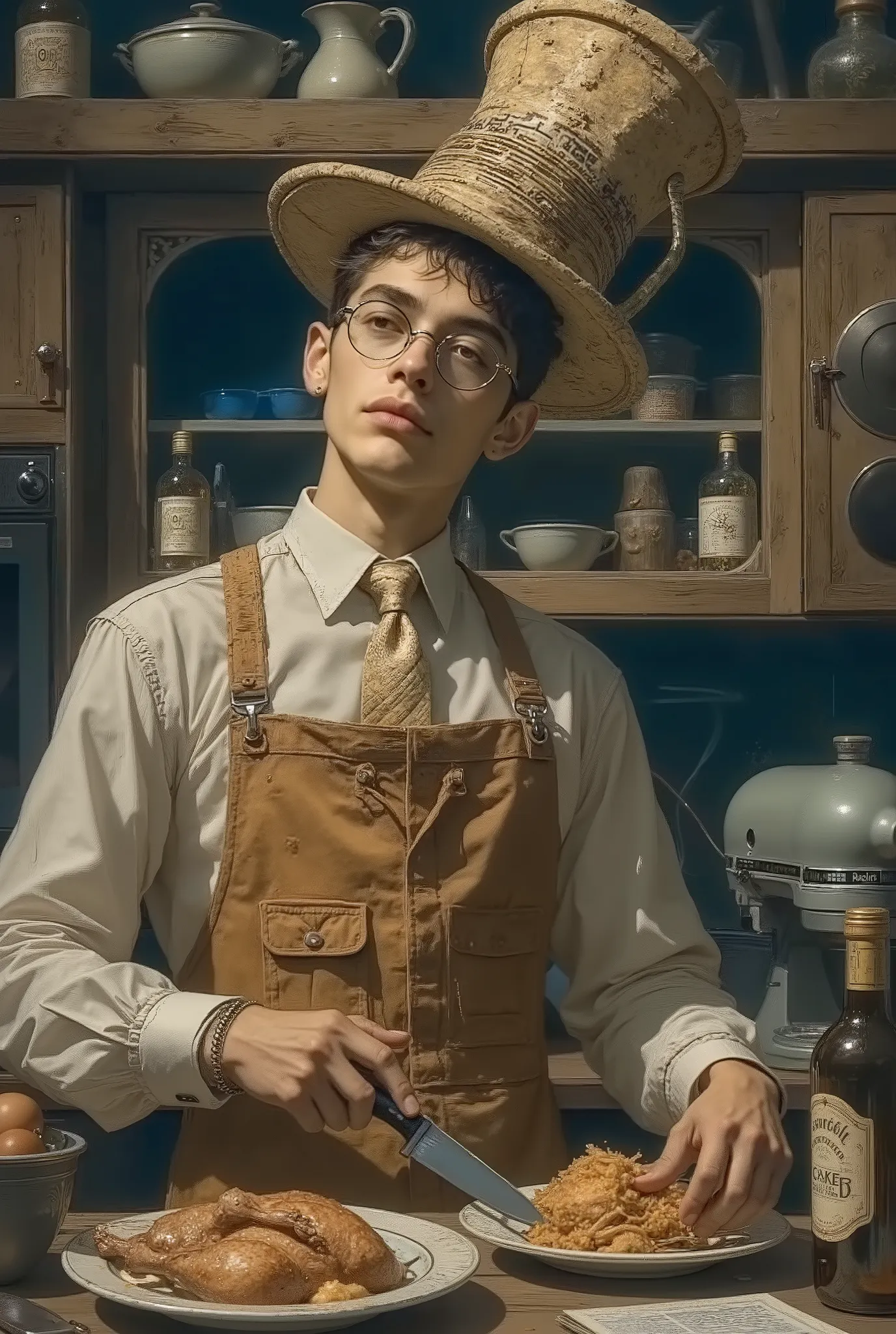 A handsomen, 19 years wearing a crazy cook hat stands in the kitchen. surreal collage, a contemporary artistic collage, collage artwork, New Album Jacket, great job!! , digital collage, (collage), collage art, contemporary collage, mixed media collage, sur...