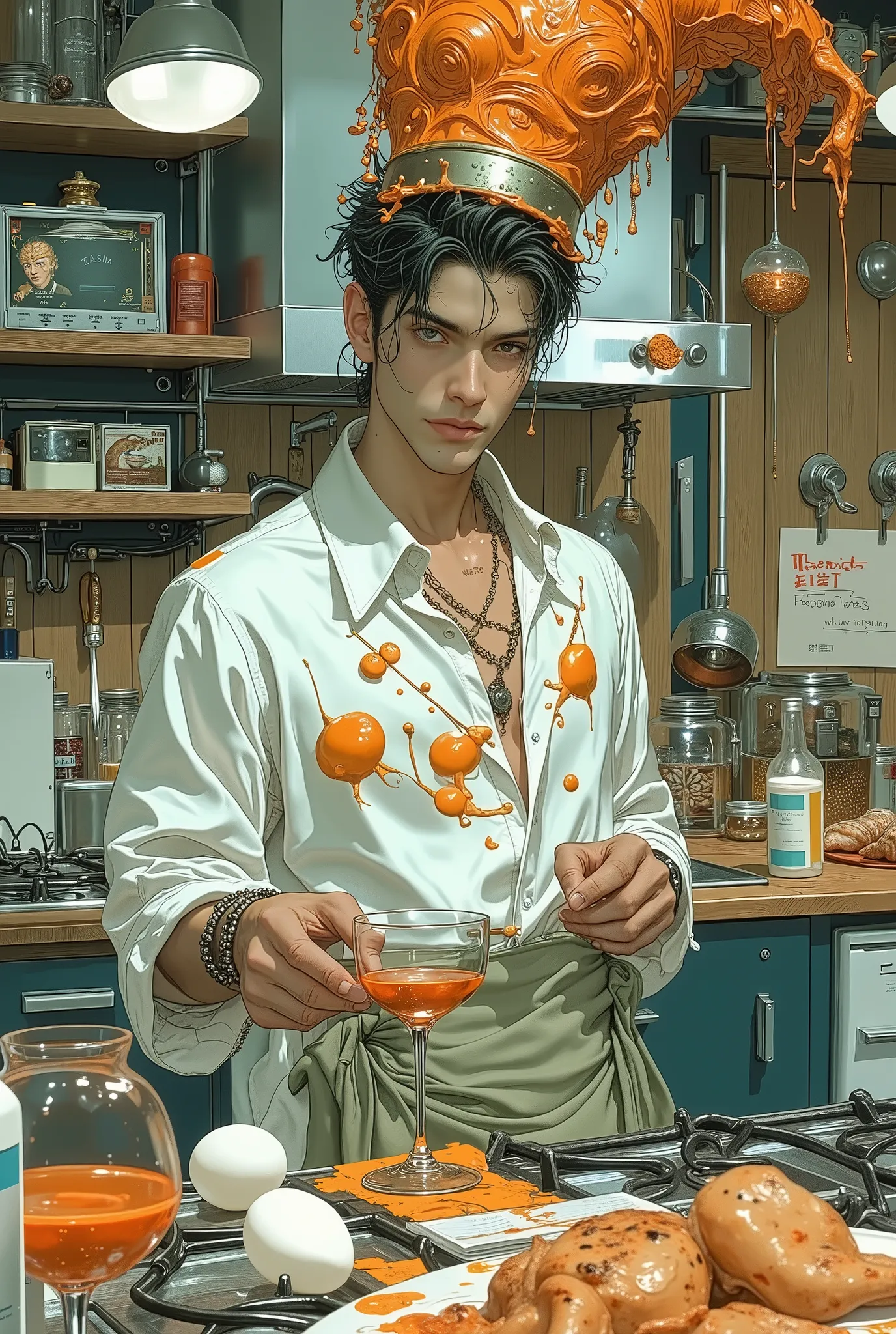 A handsomen, 19 years wearing a crazy cook hat stands in the kitchen. surreal collage, a contemporary artistic collage, collage artwork, New Album Jacket, great job!! , digital collage, (collage), collage art, contemporary collage, mixed media collage, sur...