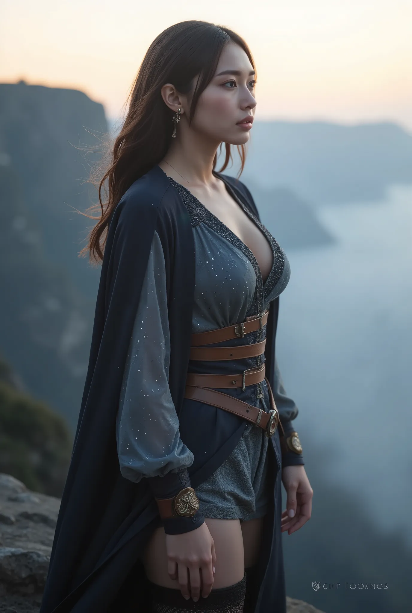 A mesmerizingly beautiful woman with flawless proportions, clad in a daring and ornate adventurer's outfit, standing alone on a misty cliff edge at dawn. The scene is bathed in cool, ethereal morning light, with a gentle fog drifting through the background...