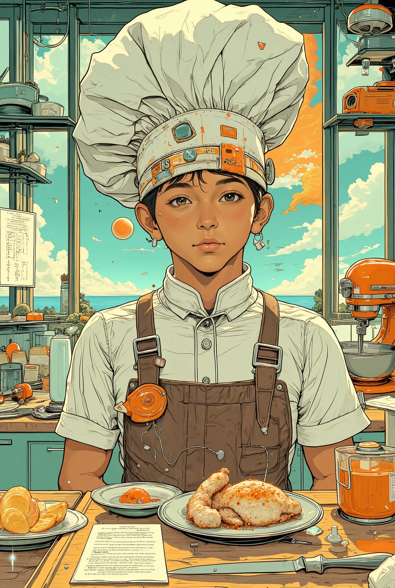 A handsomen, 19 years wearing a crazy cook hat stands in the kitchen. surreal collage, a contemporary artistic collage, collage artwork, New Album Jacket, great job!! , digital collage, (collage), collage art, contemporary collage, mixed media collage, sur...