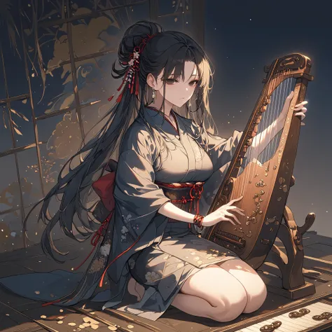 8K, RAW Photos Box, better quality, masterpiece: 1.4, Ultra-high resolution, extremely detailed, soft lighting, 1girl, young woman, large breasts, black hair, black eyes, long hair, tied up hair, rectangle earrings, kimono, kneeling, playing a kono instrum...