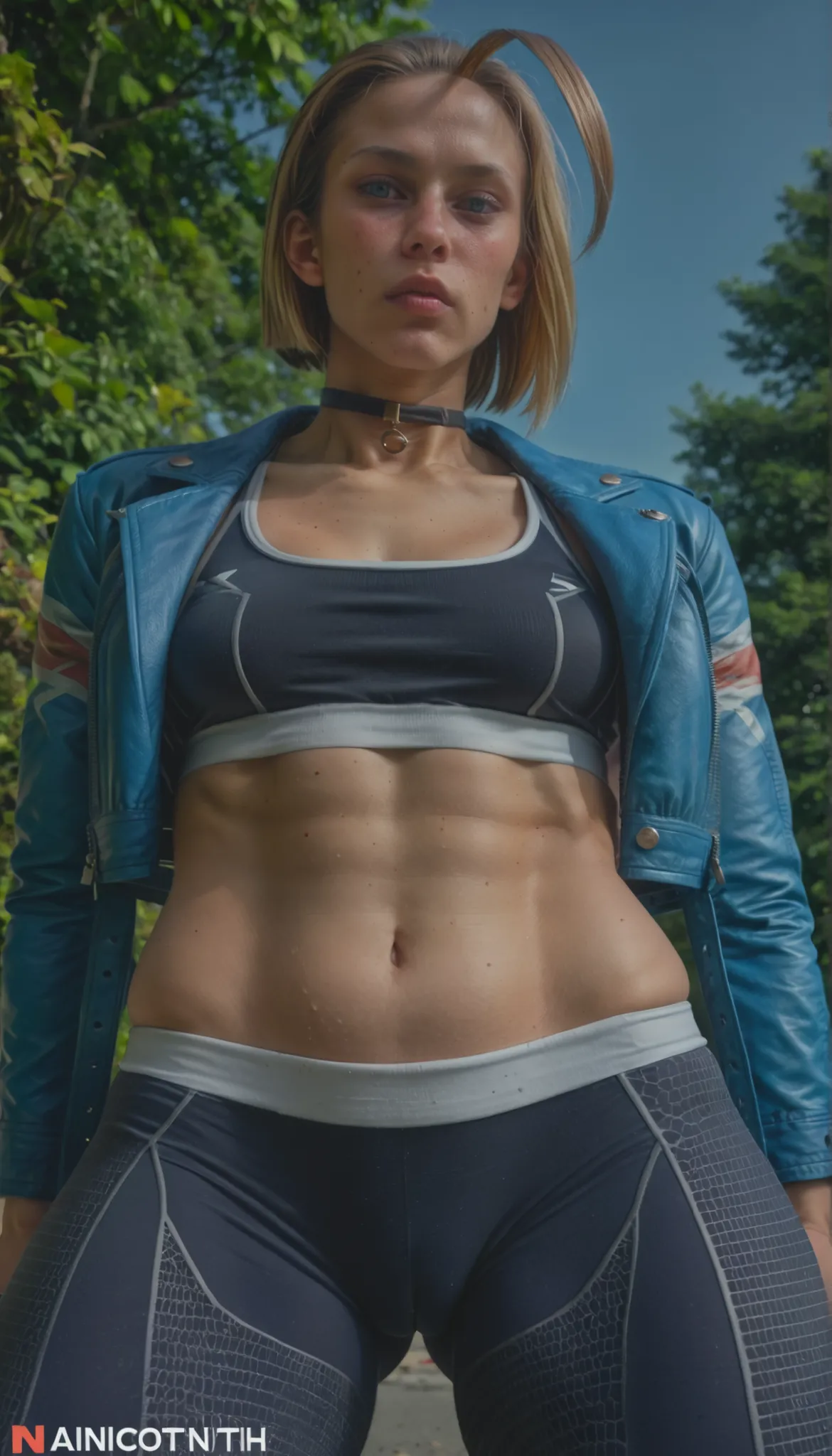 score_9, score_8_up, score_7_up, BREAK, score_9, cammySDXL, 1girl, solo, breasts, short hair, blue eyes, blonde hair, navel, medium breasts, jacket, open clothes, choker, midriff, pants, open jacket, lips, crop top, black choker, scar, abs, antenna hair, b...