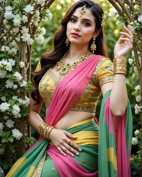 A captivating portrait of a yakshini Usha beautiful woman in a traditional Indian saree, posed elegantly in a lush garden setting. The saree is a stunning combination of vibrant yellow and black, adorned with intricate gold embroidery and embellishments. T...