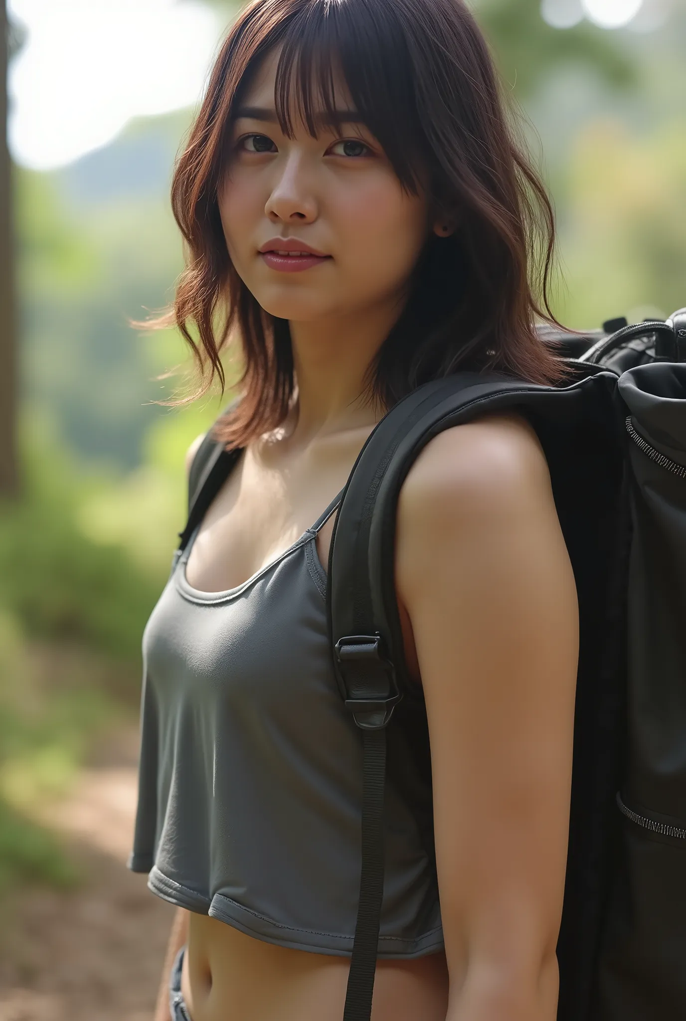 photorealistic、(A gray camisole that shows through nudity)、 (Almost Naked)、anatomically accurate, Details Hand , Thin fingers , Perfect hand、Ultra high resolution、she blushed and looked at me、carrying backpack、Hiking Trails、