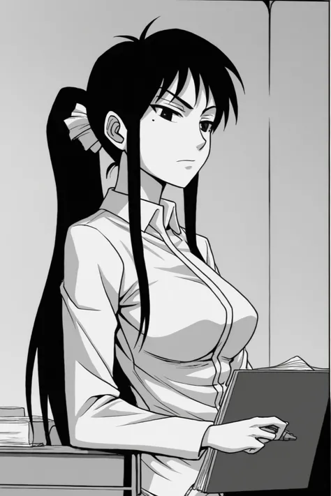 midori kuzuhara ( enomoto ),comic,2000s_(style),monochrome,manga style,simple,with rough sketch lines,line art,Minimalist portrait,in syonenmanga style,closed mouth,ideal ratio body proportions,medium breasts,{{in Enomoto Shunji style,}}
indor,office,offic...