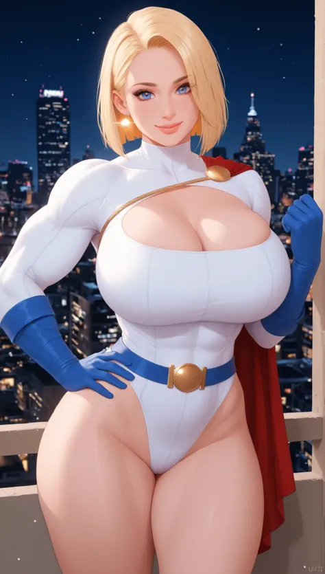 (masterpiece), (portrait), big breasts (aesthetics), ((1 female 21 years old, muscular, super muscular woman, thick thighs, showing biceps, hand on waist)), Highlight earrings), ((Blunt cut hair)), ((Hot blonde hair)), straight hair, thin eyes open, blue e...