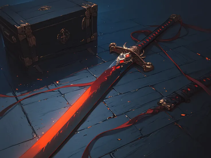 8K, RAW Photos Box, better quality, masterpiece: 1.4, Ultra-high resolution, extremely detailed, soft lighting, ((sword)), black sword with glowing red, no human, sword laying on the floor,