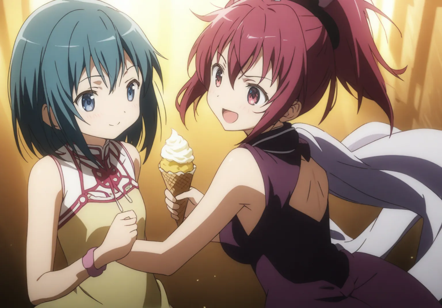Best quality, high resolution, unity 8k wallpaper, extremely detailed face, perfect lighting, extremely detailed CG, (perfect hands, perfect anatomy), high Quality, 8K ultra HD, stunning image of 2 girls: Sayaka Miki and Kyouko Sakura from Puella Magi Madoka Magica standing side by side in a cheerful scene. (1) Sayaka is on the left, holding an ice cream cone, and is dressed in a sleeveless pretty yellow dress; (2) Kyouko is on the right, with long crimson hair tied in a high flowing ponytail, and a confident smile as she is wearing a backless purple dress, and (3) the background is dark with magical motes of light, glowing red and white particles, a sense of playful fun. Dynamic anime style, high detail, vivid lighting, full body, cinematic composition.