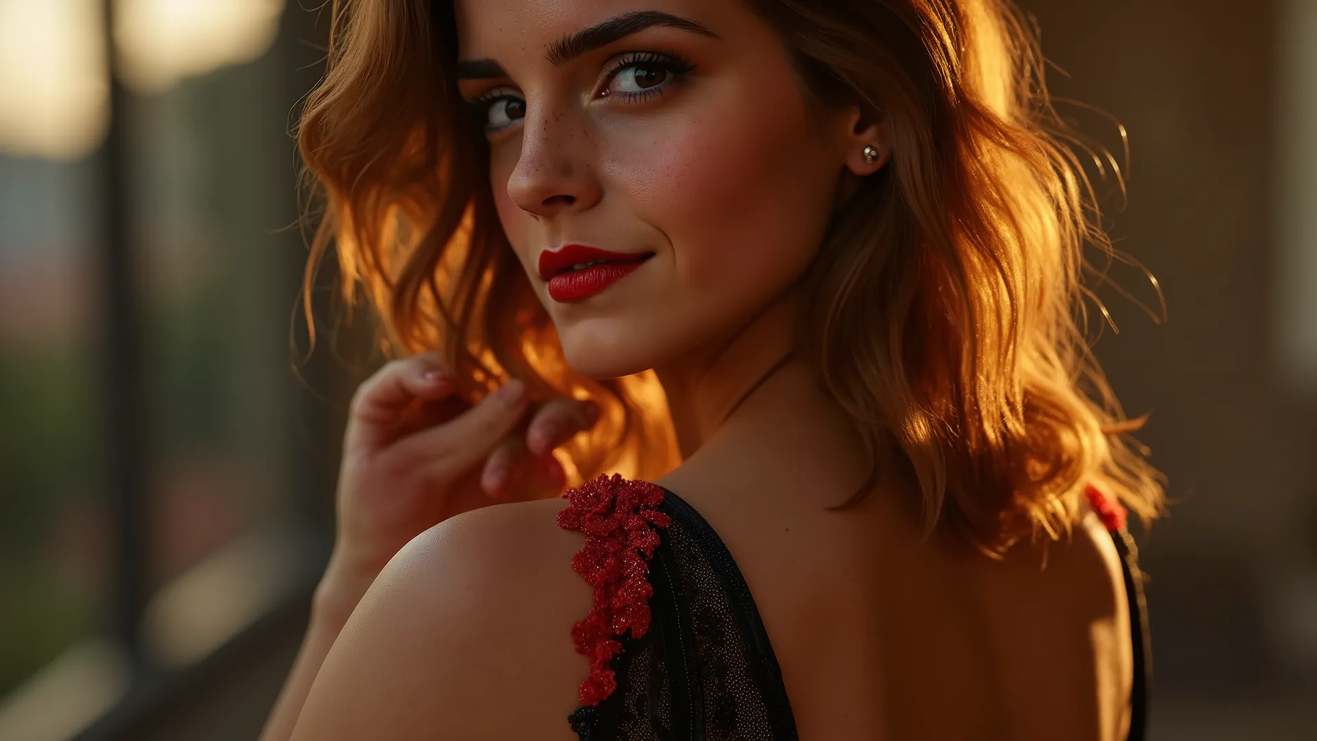 A realistic woman in her mid-20s with shoulder-length auburn hair radiates an enchanting presence. Her cheeks and nose are adorned with delicate freckles, while her large emerald blue eyes captivate with an almost hypnotic allure. With an elegant smile tha...