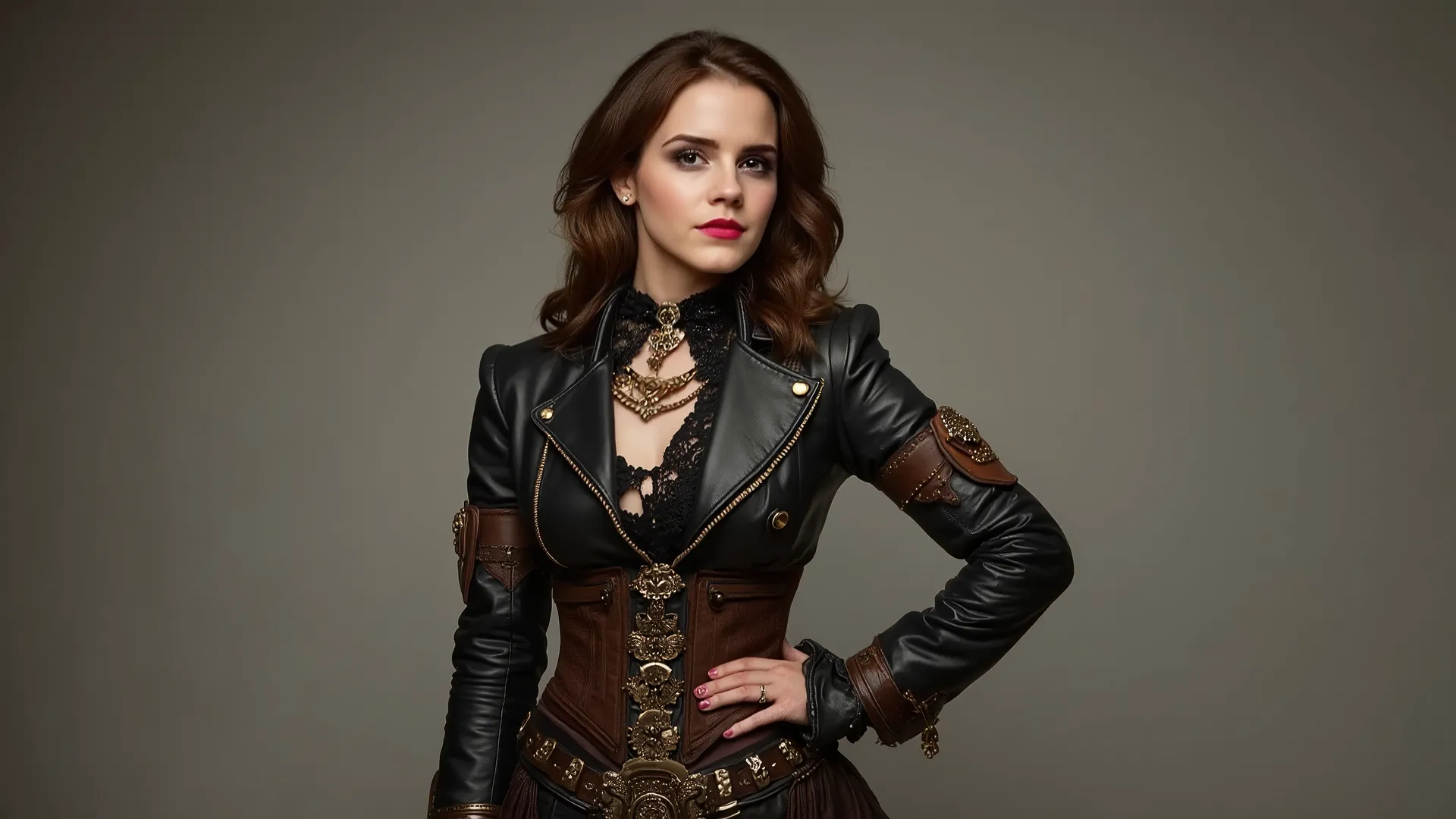 Create a photorealistic portrait of a stunningly beautiful brunette woman posing in a professional photo studio. She should be dressed in an intricately detailed steampunk outfit that highlights her beauty. The background should be plain to emphasize her a...