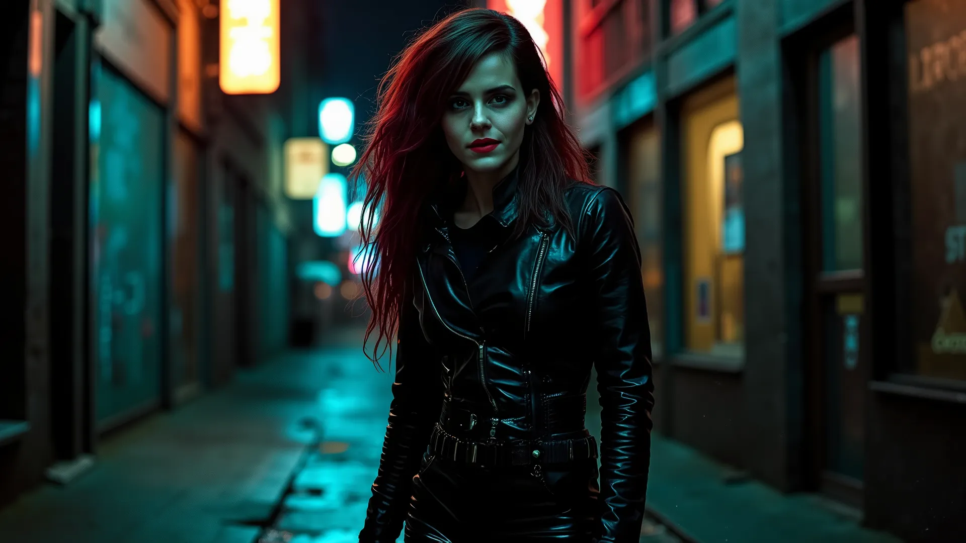 The scene unfolds in a dimly lit urban alley, shadows dancing along the cracked pavement as flickering neon signs spill their colors onto the gritty walls. At the heart of this moody tableau stands the escort girl, a striking figure draped in a skin-tight ...