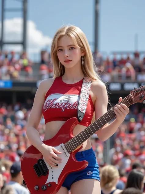 A young cheerleader with bright skin and blond hair is wearing a red and white tight-fitting crop top with a 'cheetahs' logo and tight blue shorts. Her body is voluminous but very slim. She is playing an electric guitar while looking straight ahead from th...