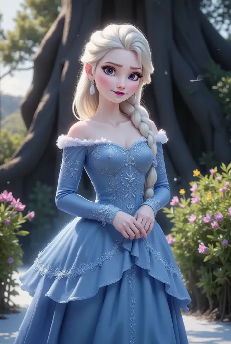 1girl,very beautiful, very long hair, platinum blonde hair,purple eye,((big eyes 1.2)),braided ,pale skin, wearing a blue off-shoulder knit dress with lace and ribbon details, frilly layers on the skirt,elegant pose, Medieval, victoria, rococo, Standing on...