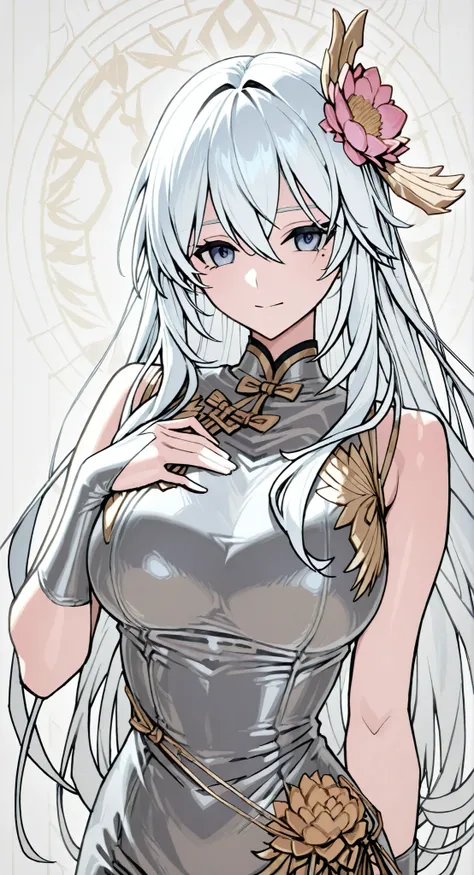 skin,Bound shoulders ,sleeveless china ,anime girl Picture of a woman with long white hair and a flower in her hair, gray hairの deity, Anime Goddess, gray hairの, gray hairの lady, gray hair, Zodiac knight portrait girl, Haise Jinyao, Genshin、Keking, Full B...