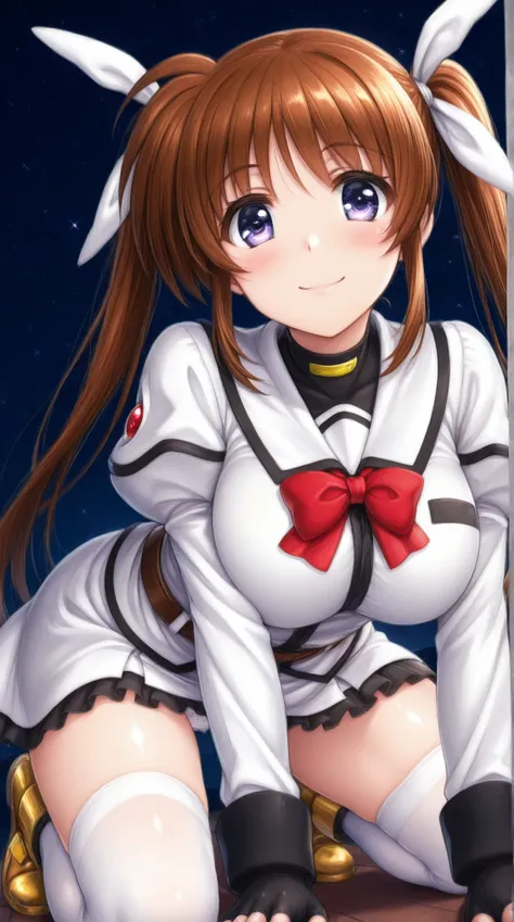 masterpiece、top quality、Supreme Work、Pastel Colors、Anime、Shiny Skin、stare at viewers、1 girl repairing her left hand、solo、and nobody else、(高町Nanoha、Nanoha、魔法少女リリカルNanoha)、Detailed Beautiful White Skin、Detailed Beautiful Bright Purple Eyes、Great Smile、bungsか...