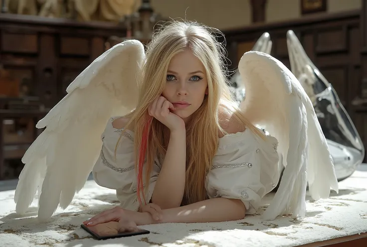 Engel, (Avril Lavigne), liegt seductive auf einem altar,  large white angel wings ; wears white armor, blonde hair with pink streaks, big eyes, blaue Augen, detailliert, sexy, seductive, make up, in einer Kathedrale, high heel boots