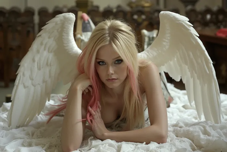 Engel, (Avril Lavigne), liegt seductive auf einem altar,  large white angel wings ; nackt, blonde hair with pink streaks, big eyes, blaue Augen, detailliert, sexy, seductive, make up, in einer Kathedrale, high heel boots