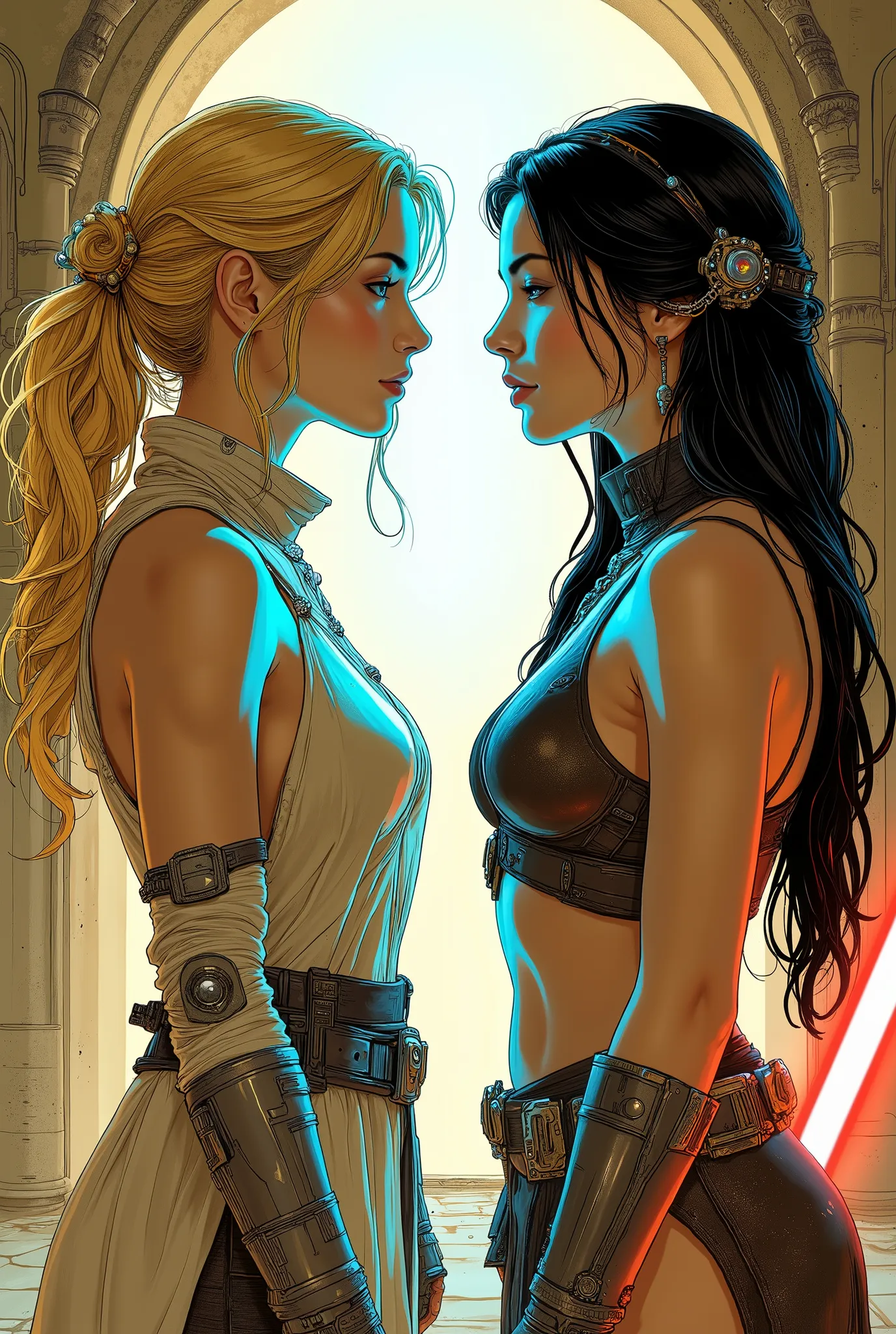 Score_9, score_8_up, score_7_up, ((highest quality)), ((masterpiece)), Perfect Anatomy, Perfect Face, (High definition), (Best Shadow), 8k, cinematic. Luis Royo's style, comics sexy art. Two women, facing each other((two distinct characters:1.3)), wearing ...
