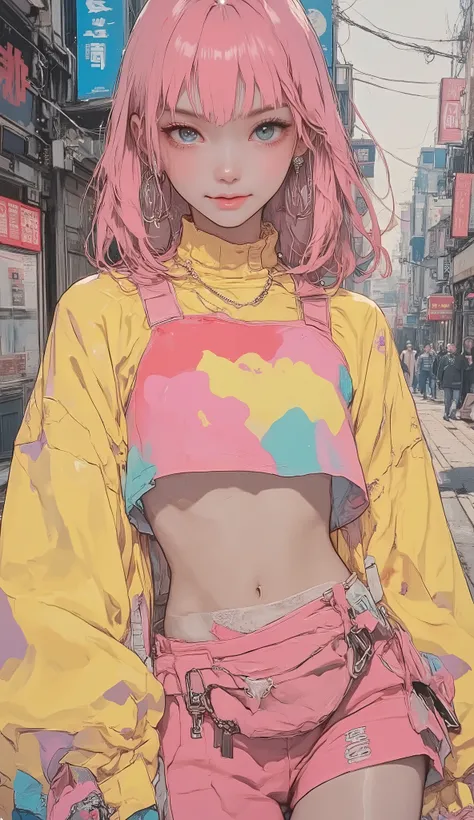 8k, masterpiece, top quality, mushroom cut Asian woman,natural makeup,healthy, Radiant Skin ,Modest lips, add volume to the top with mash shorts、Shorten the neckline、Add random curls, Soft impression ,Bangs above eyebrows,unique pastel hair color,sporty a...