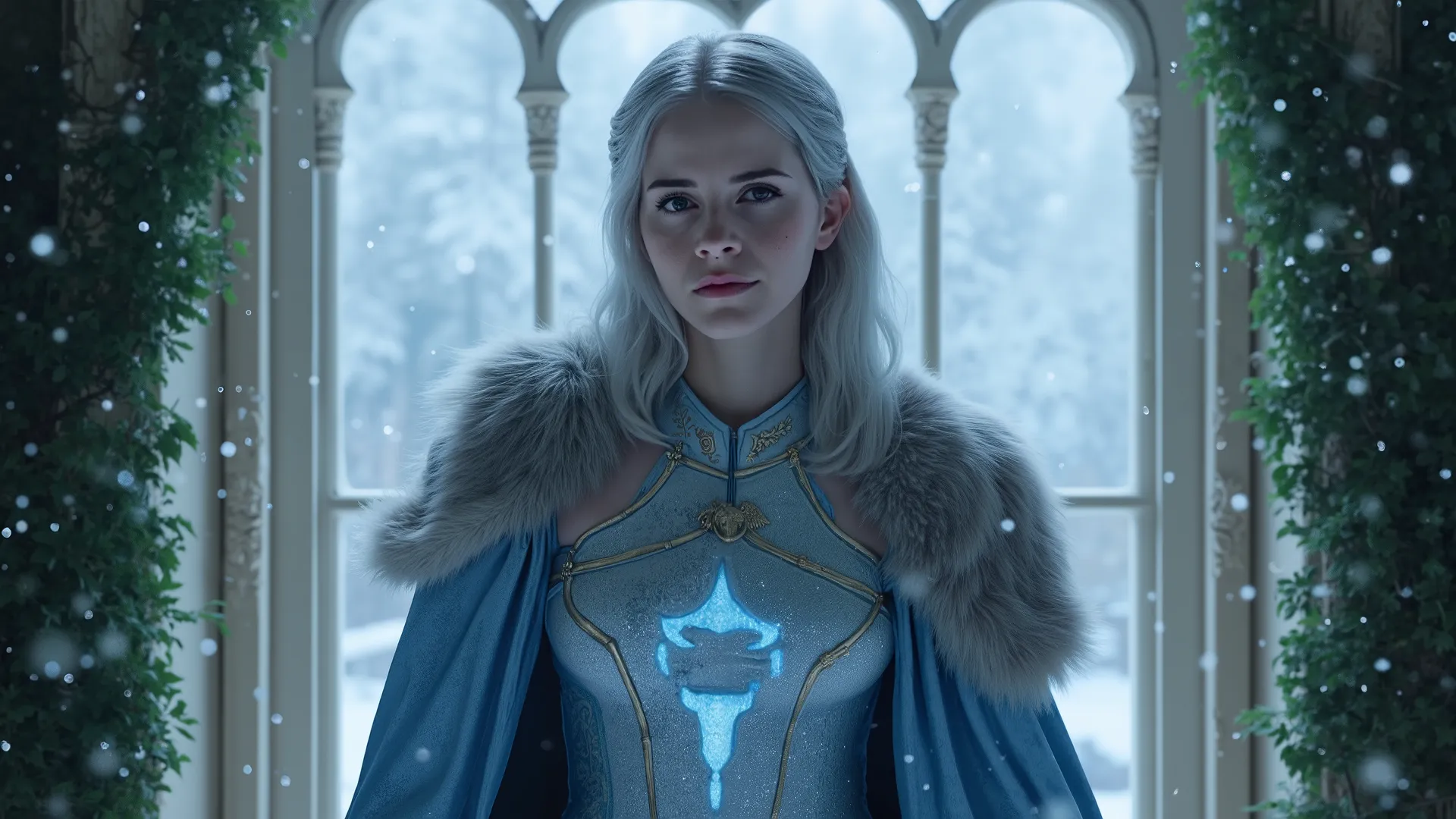 A stunning silver-haired goddess with a curvaceous body, standing as a formidable guardian. Her costume is a breathtaking fusion of elegance and strength, exposing her waist and thighs while maintaining a regal aura. She wears light blue plate armor, intri...