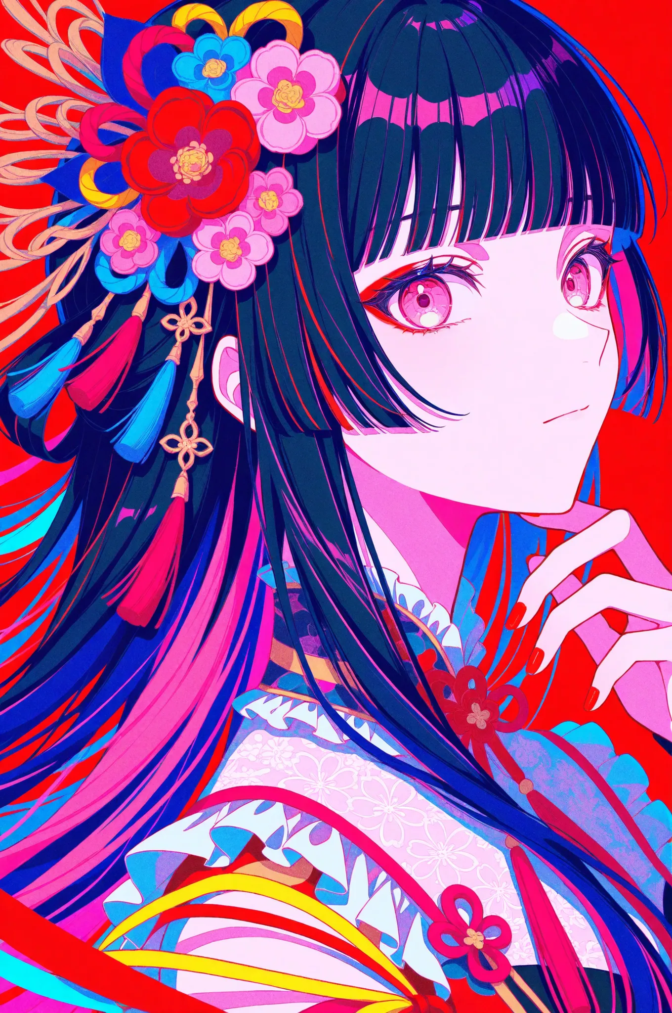 woman, solo, red nails, looking at viewer, bangs, pink eyes, long hair, black hair, hair ornament, hand up, flower, blunt bangs, closed mouth, tassel, ribbon, portrait, colorful, red background, frills, multicolored hair, upper body,
