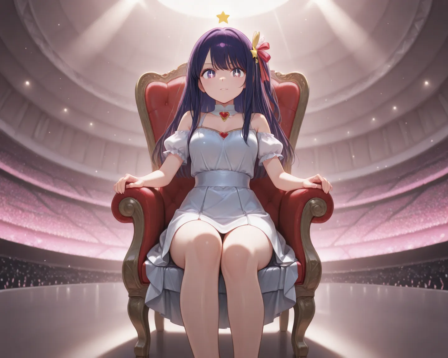(masterpiece, Best quality, 8K, 1080P, HD, highlight the conveyed intentions through movements, diversify the lighting aspect to create the desired atmosphere, accentuate the posing to emphasize more of the physical curves, genuinely immersive facial expression, enhance image colouring, in depth colouring backdrop, cutesy glamour concert dress, glossier surface, metal is metallic, fabric is softer and loosened, diverse in hair movements, wide angle view). 2 woman, 1 {{Ai Hoshino (oshi no ko, detailed feature), hair (straight long and dark purple), eyes (purple), tied left hair, enchantress}}, 2 {Kanon (the world god only knows, exact feature), hair (short and pink), ribbon, eyes (red), cutesy}, apart holding star-shaped mic each, sit on a glowing (mid air star shaped chair), atop the stage, with rainbow misty mist, in a grand concert celebration