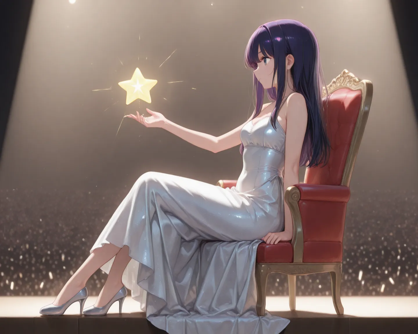 (masterpiece, Best quality, 8K, 1080P, HD, highlight the conveyed intentions through movements, diversify the lighting aspect to create the desired atmosphere, accentuate the posing to emphasize more of the physical curves, genuinely immersive facial expression, enhance image colouring, in depth colouring backdrop, cutesy glamour concert dress, glossier surface, metal is metallic, fabric is softer and loosened, diverse in hair movements, side angle viewing full profile). of 2 woman, woman number 1 {{(Ai Hoshino (oshi no ko)), hair (straight long and dark purple), eyes (purple), tied left hair, enchantress}}, woman number 2 {(Kanon (the world god only knows)), hair (short and pink), ribbon, eyes (red), cutesy}, apart holding star-shaped mic each, sit on a glowing (mid air star shaped chair), atop the stage, with rainbow misty mist, in a grand concert celebration