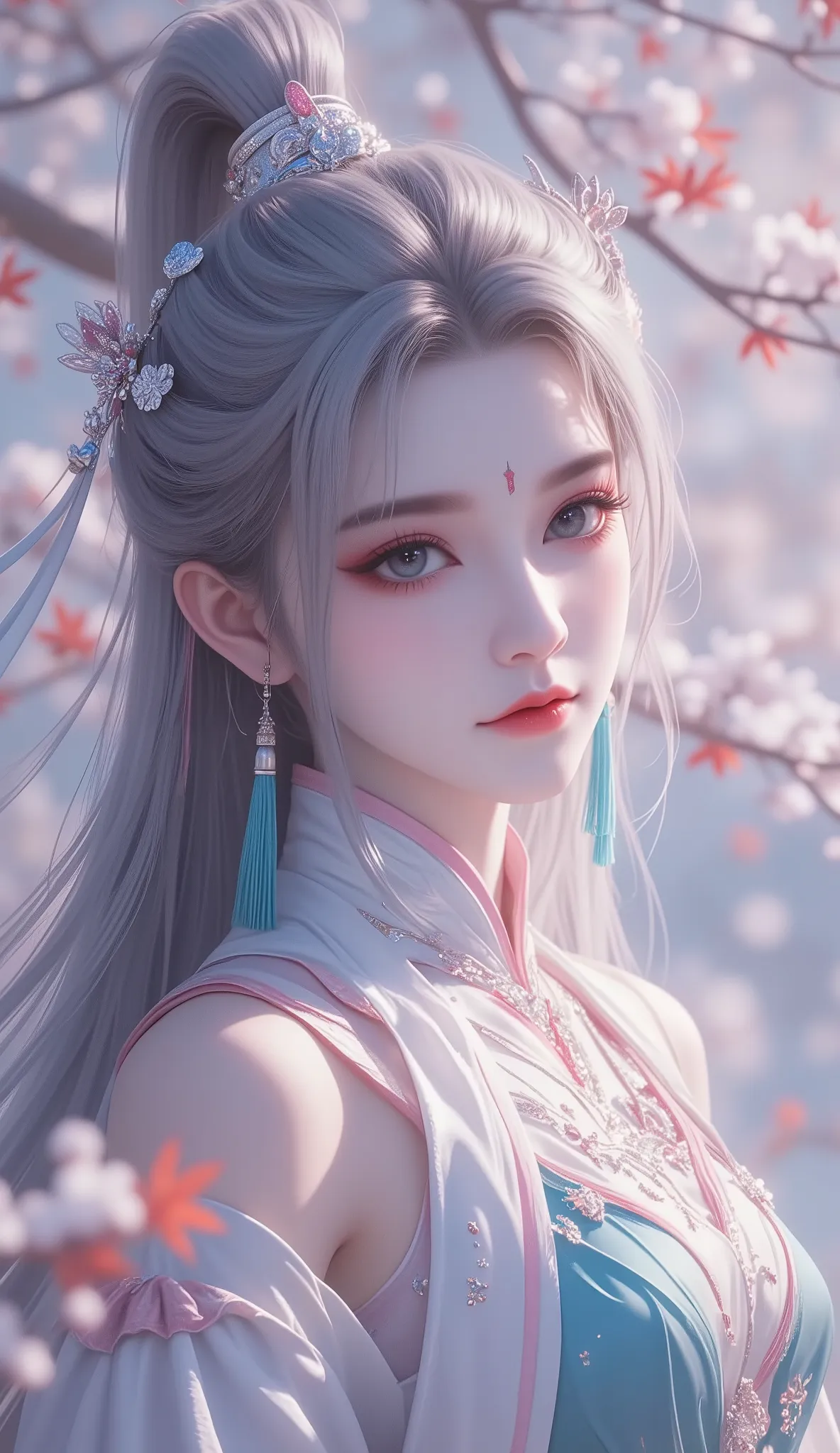 Chinese Fairy Tales character, extremely details, high detailed face, mature woman, milf, extremely busty, cool beauty, living expressions, (cold gaze, cold eyes, aqua eyes), expressionless, (gray hair), highlight, high ponytail, shiny silky, Hime cut, lon...