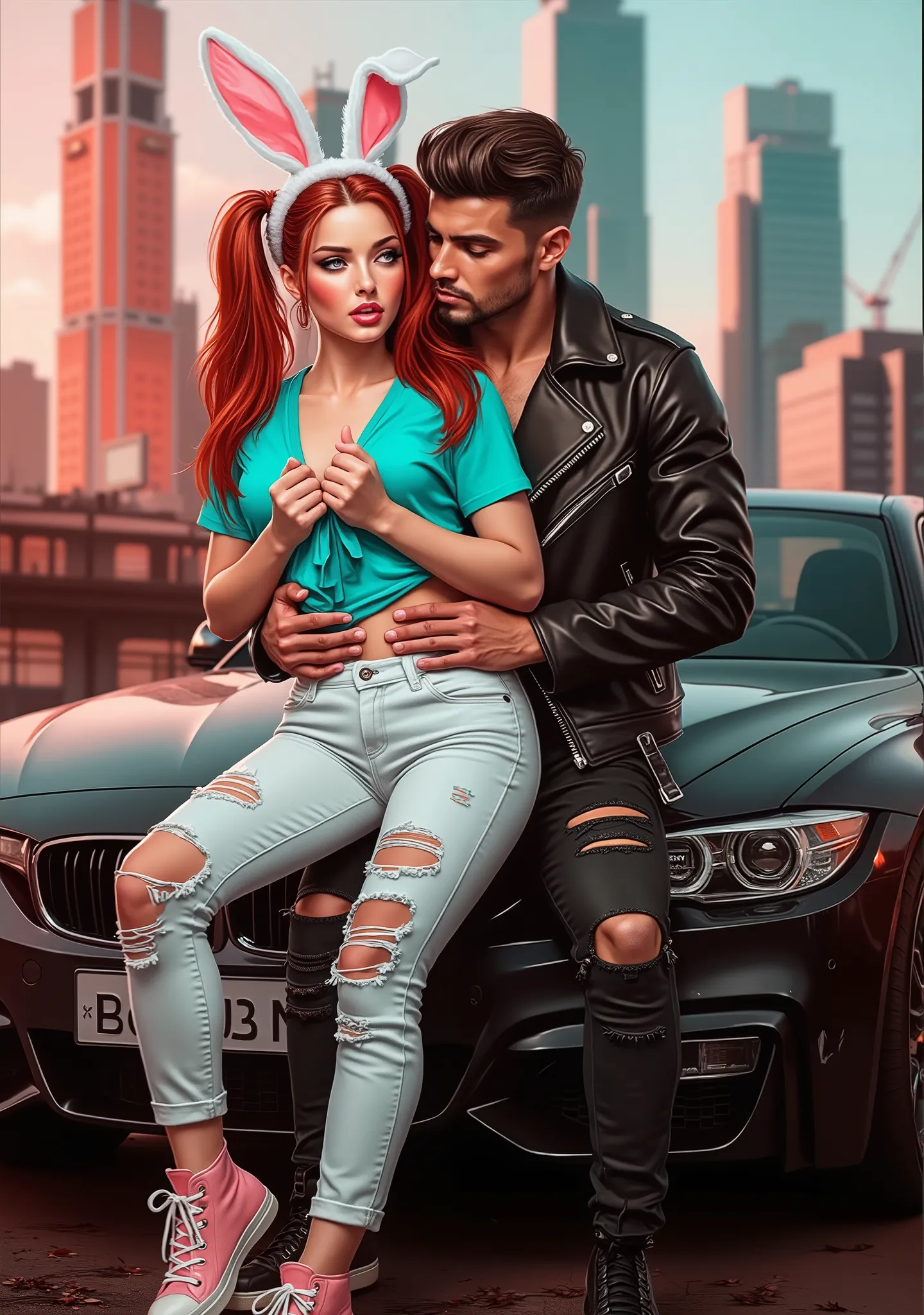 vibrant

vivid ethereal hyperphotorealisticdigital detailed cover for a passionate modern erotic sexy hot romance, on foreground vividvibrant

contrasting, beautiful flirtous erotic Russian 18 year old red-haired WOMAN with two pigtails in a sliding TURQUO...