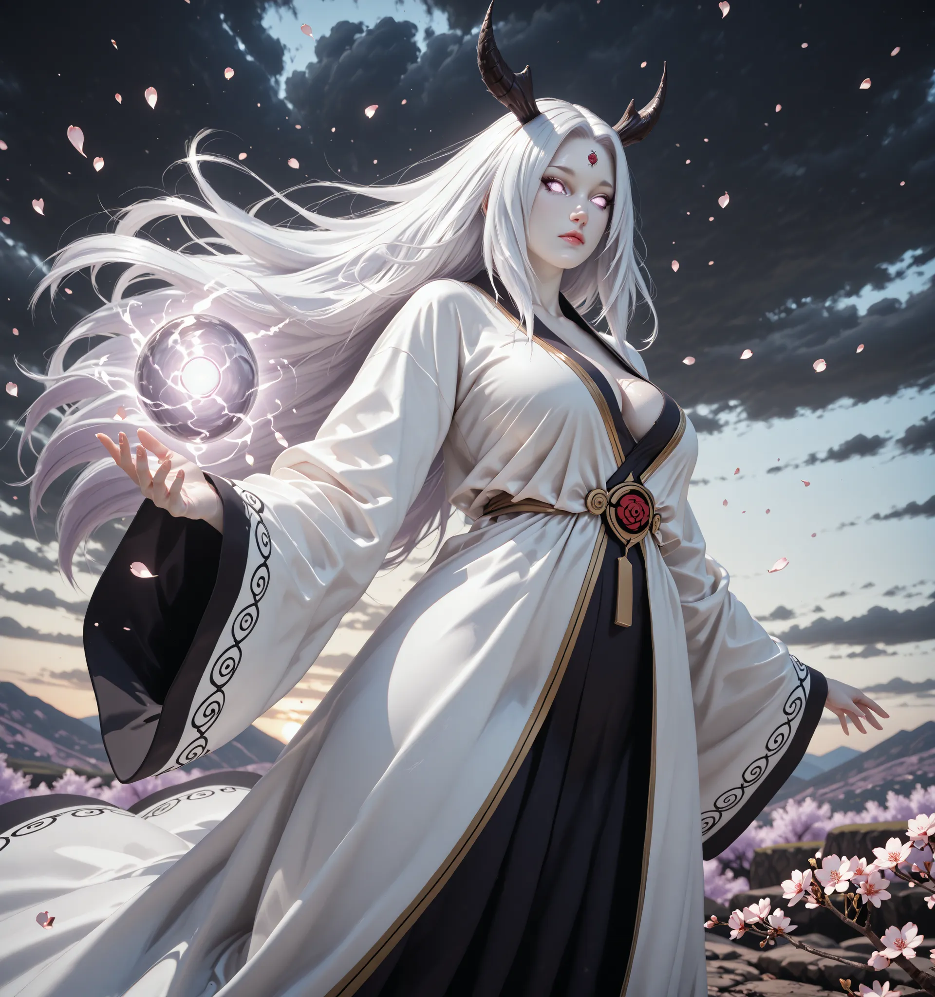 A beautiful girl resembling Kaguya Otsutsuki from the Naruto anime, depicted in a highly detailed realistic 3D animation style. She has long, flowing silvery white hair, flawless pale skin, and mysterious soft lavender pupil-less eyes. and two horns on her...