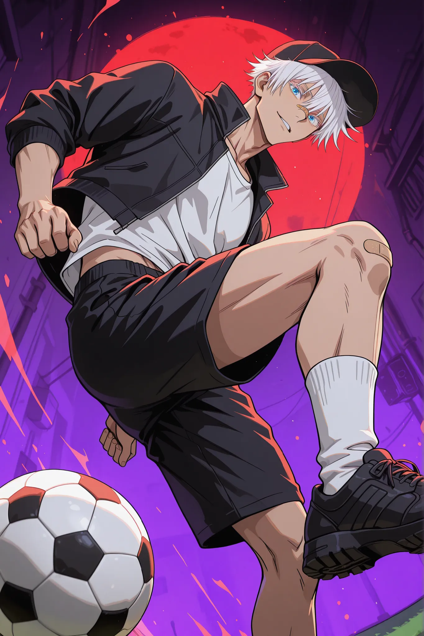 1man, adult, male focus, gojou satoru, jujutsu kaisen, white hair, short hair, ((hair between eyes)), colored eyelashes, white eyelashes, blue eyes, intricate eye iris, detailed eyes, muscular male, sexy man, handsome man, handsome face,  Band-Aid on the n...