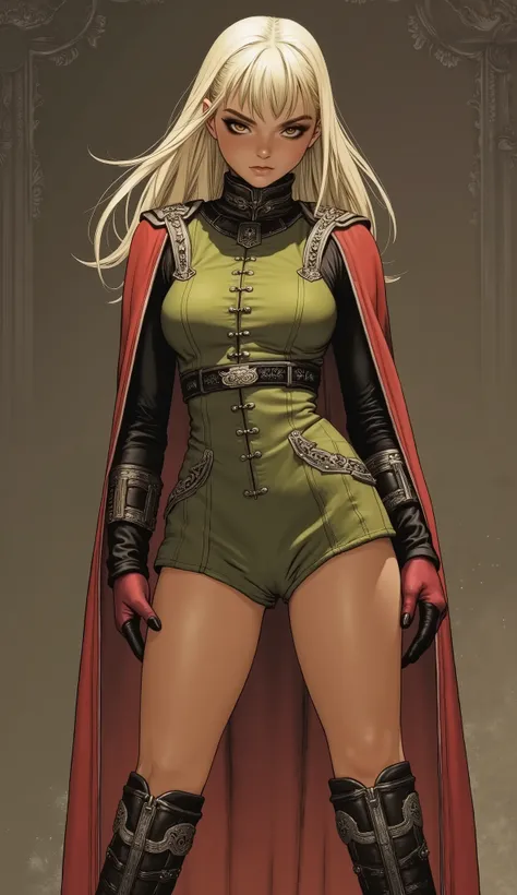 Epic 70s fantasy film still: A formidable young woman, an imperial officer, exudes power. She has long, flowing platinum blonde hair with choppy bangs, delicate crescent eyebrows accentuating her sharp, intense eyes, and an oval face set in a serious, comm...