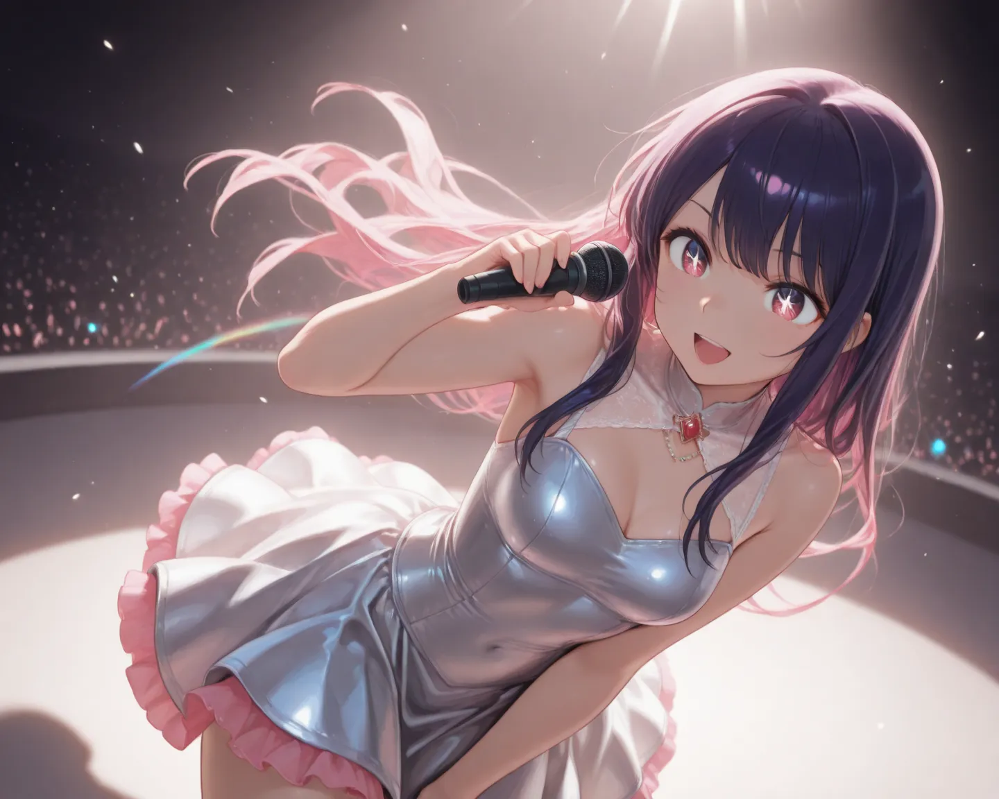 (masterpiece, Best quality, 8K, 1080P, HD, highlight the conveyed intentions through movements, diversify the lighting aspect to create the desired atmosphere, accentuate the posing to emphasize more of the physical curves, genuinely immersive facial expression, enhance image colouring, in depth colouring backdrop, cutesy glamour concert dress, glossier surface, metal is metallic, fabric is softer and loosened, diverse in hair movements, side angle viewing full profile). of 2 woman, for 1 {Ai Hoshino (oshi no ko), hair (straight long and dark purple), purple eyes, tied left hair, glamour stage dress}, for 2 {Kanon (the world god only knows), short pink hair, ribbon, red eyes, cutesy idol dress}, apart holding star-shaped mic in singing pose, atop the stage, with rainbow smoke mist, in a grand concert celebration