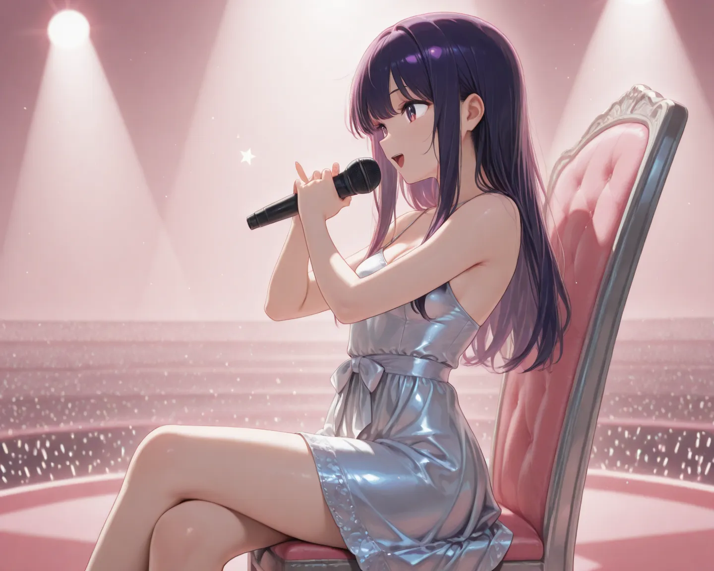 (masterpiece, Best quality, 8K, 1080P, HD, highlight the conveyed intentions through movements, diversify the lighting aspect to create the desired atmosphere, accentuate the posing to emphasize more of the physical curves, genuinely immersive facial expression, enhance image colouring, in depth colouring backdrop, cutesy glamour concert dress, glossier surface, metal is metallic, fabric is softer and loosened, diverse in hair movements, side angle viewing full profile). of 2 woman, for 1 {Ai Hoshino (oshi no ko), hair (straight long and dark purple), purple eyes, tied left hair}, for 2 {Kanon (the world god only knows), short pink hair, ribbon, red eyes}, apart holding star-shaped mic each, in singing pose, sit on a glowing (mid air star shaped chair), atop the stage, with rainbow misty mist, in a grand concert celebration