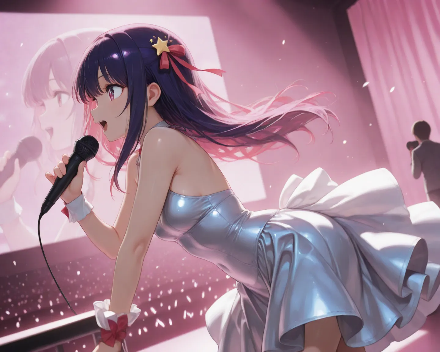 (masterpiece, Best quality, 8K, 1080P, HD, highlight the conveyed intentions through movements, diversify the lighting aspect to create the desired atmosphere, accentuate the posing to emphasize more of the physical curves, genuinely immersive facial expression, enhance image colouring, in depth colouring backdrop, cutesy glamour concert dress, glossier surface, metal is metallic, fabric is softer and loosened, diverse in hair movements, side angle viewing full profile). of 2 woman, for 1 {Ai Hoshino (oshi no ko), hair (straight long and dark purple), purple eyes, tied left hair, glamour stage dress}, for 2 {Kanon (the world god only knows), short pink hair, ribbon, red eyes, cutesy idol dress}, apart holding star-shaped mic in singing pose, atop the stage, with rainbow smoke mist, in a grand concert celebration