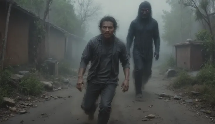 A terrified young Indonesian man running at night with a panicked expression — wide eyes, open mouth, tense brows. He is around 25 years old, wearing a t-shirt and jeans, sprinting forward on a foggy rural path. Behind him is a dark shadowy creature covere...