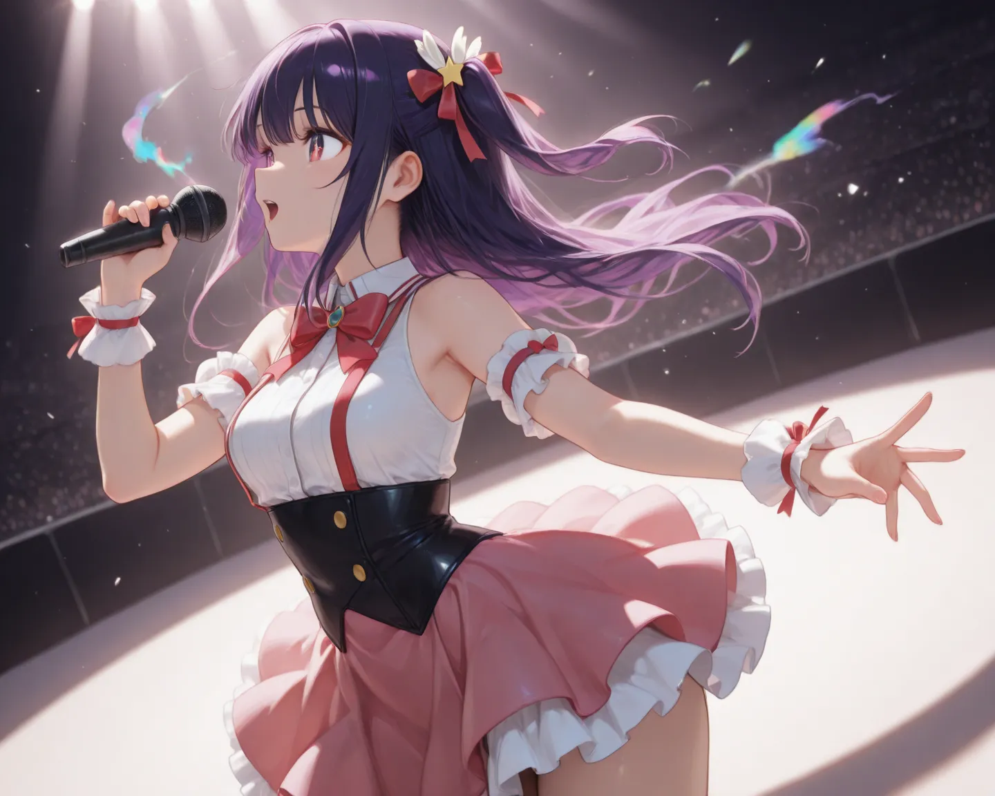 (masterpiece, Best quality, 8K, 1080P, HD, highlight the conveyed intentions through movements, diversify the lighting aspect to create the desired atmosphere, accentuate the posing to emphasize more of the physical curves, genuinely immersive facial expression, enhance image colouring, in depth colouring backdrop, glossier surface, idol outfit, fabric is softer and loosened, diverse in hair movements, side angle viewing full profile), 2 woman, for 1 {Ai Hoshino (oshi no ko), hair (straight long and dark purple), purple eyes, tied left hair}, for 2 {Kanon (the world god only knows), short pink hair, ribbon, red eyes}, both is on stage apart holding star-shaped mic in singing pose, with rainbow smoke mist all around, in a grand concert celebration scene